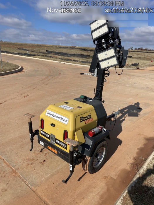 2022 Allmand NLV3GR (4) LED Light Fixture 350W, 23' Vertical Mast, 3kW Prime, Towable, Deep Sea L401, Leveling Jacks, Yanmar T4F 5.8hp