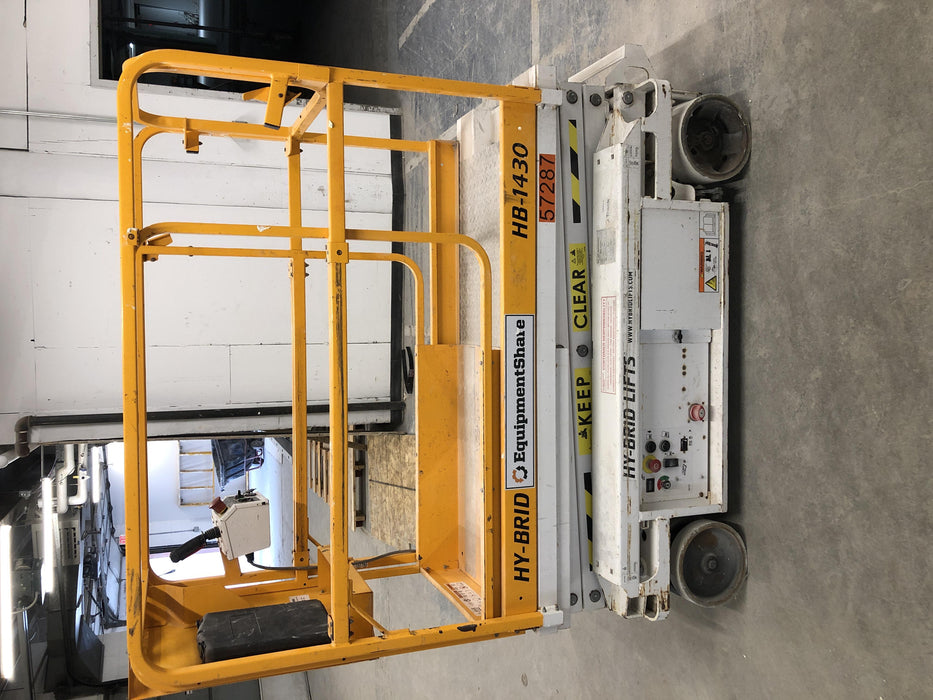 Custom Equipment HB-1430 Hy-Brid Scissor Lift
Platform capacity up to 670 lbs
Working height up to 20 ft
Weighs under 1,700 lbs
Non-marking wheels