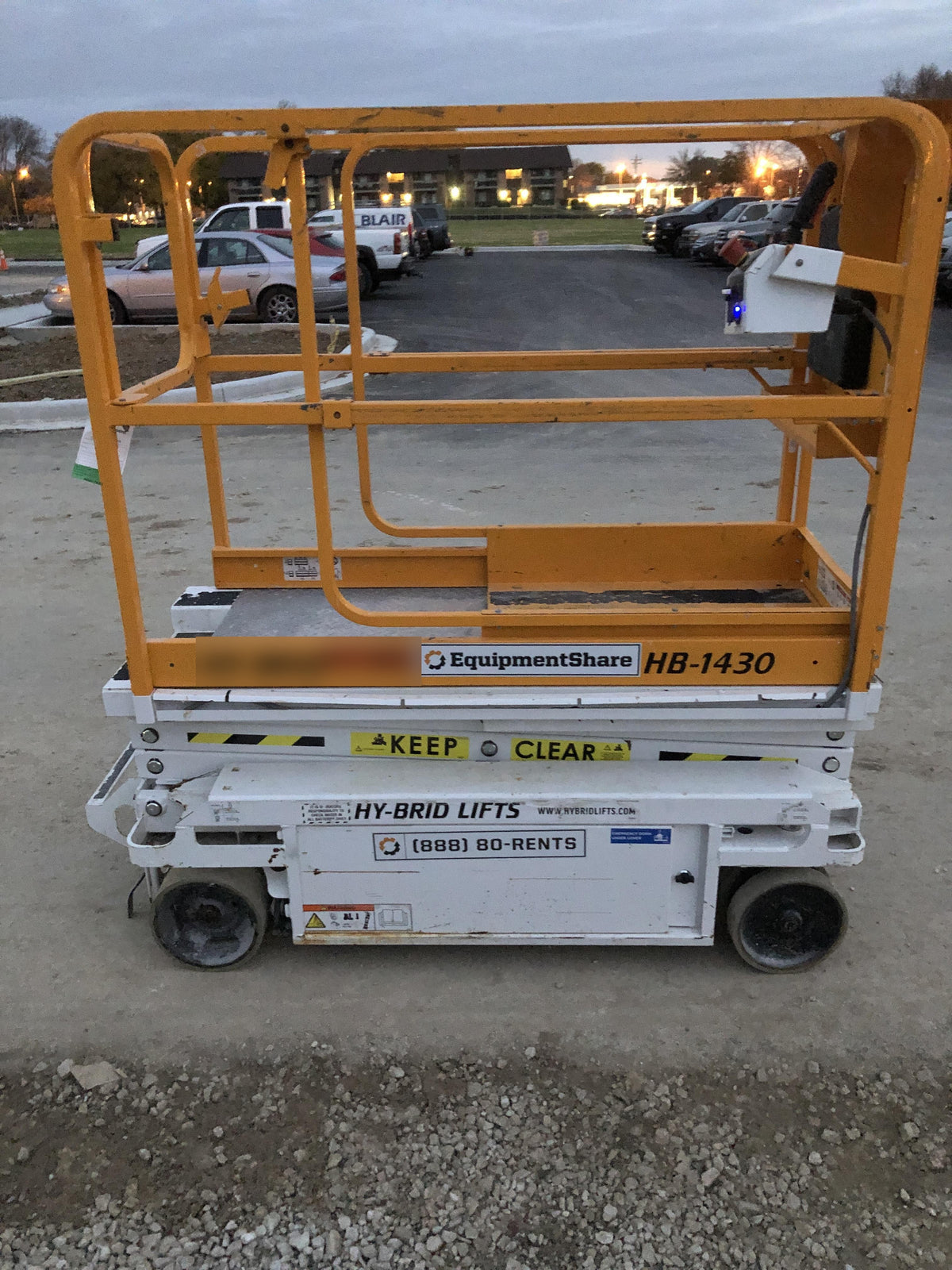 Custom Equipment HB-1430 <ul>
 <li>Hy-Brid Scissor Lift</li>
  <li>Platform capacity up to 670 lbs.</li>
  <li>Working height up to 20 ft</li>
  <li>Weighs under 1,700 lbs.</li>
  <li>Non-marking wheels </li>
</ul>