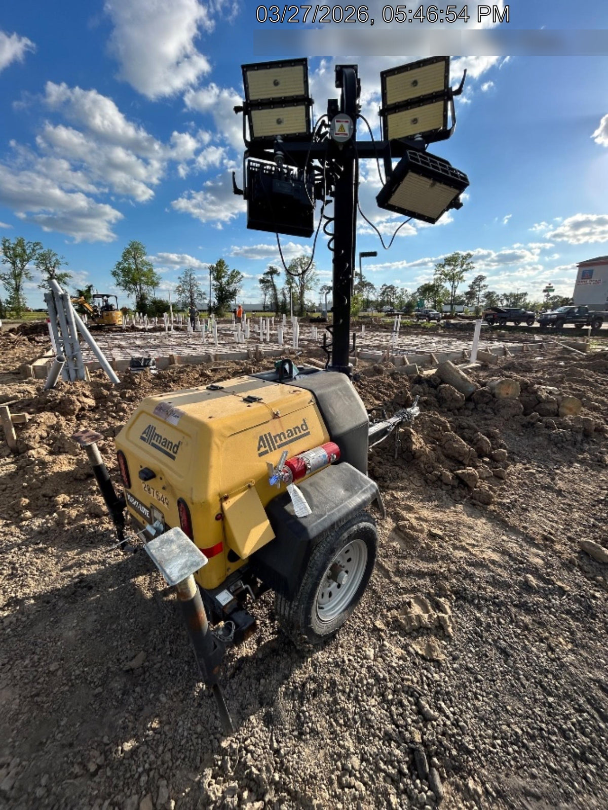 2022 Allmand NLV3GR (4) LED Light Fixture 350W, 23' Vertical Mast, 3kW Prime, Towable, Deep Sea L401, Leveling Jacks, Yanmar T4F 5.8hp