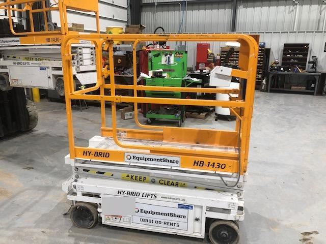 Custom Equipment HB-1430 <ul>
 <li>Hy-Brid Scissor Lift</li>
  <li>Platform capacity up to 670 lbs.</li>
  <li>Working height up to 20 ft</li>
  <li>Weighs under 1,700 lbs.</li>
  <li>Non-marking wheels </li>
</ul>