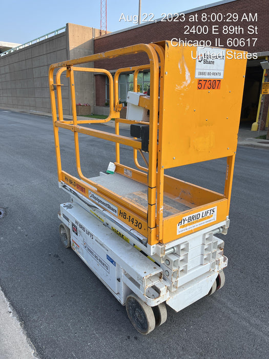 Custom Equipment HB-1430 <ul>
 <li>Hy-Brid Scissor Lift</li>
  <li>Platform capacity up to 670 lbs.</li>
  <li>Working height up to 20 ft</li>
  <li>Weighs under 1,700 lbs.</li>
  <li>Non-marking wheels </li>
</ul>