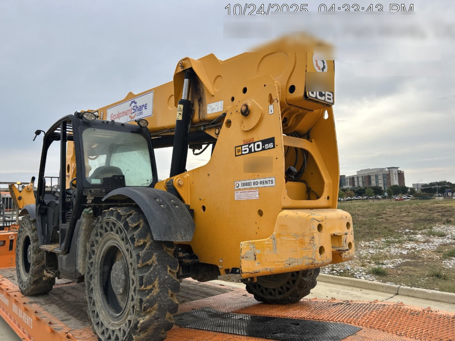 2019 JCB 510-56 74 HP w/Open ROPS, Beacon, Aux Hydraulics, Worklights, Solid Tires w/60" Carriage/Forks