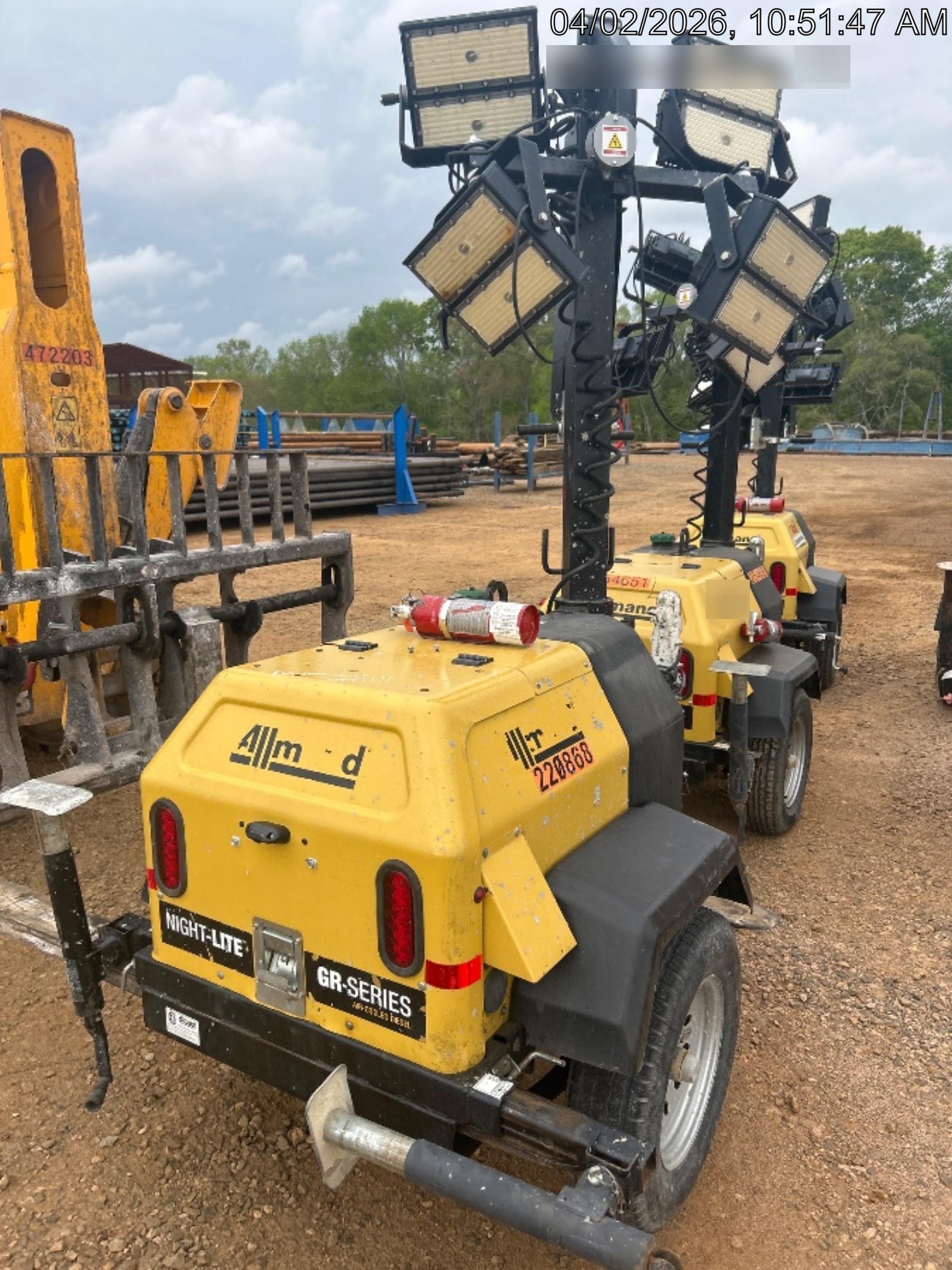 2022 Allmand NLV3GR (4) LED Light Fixture 350W, 23' Vertical Mast, 3kW Prime, Towable, Deep Sea L401, Leveling Jacks, Yanmar T4F 5.8hp