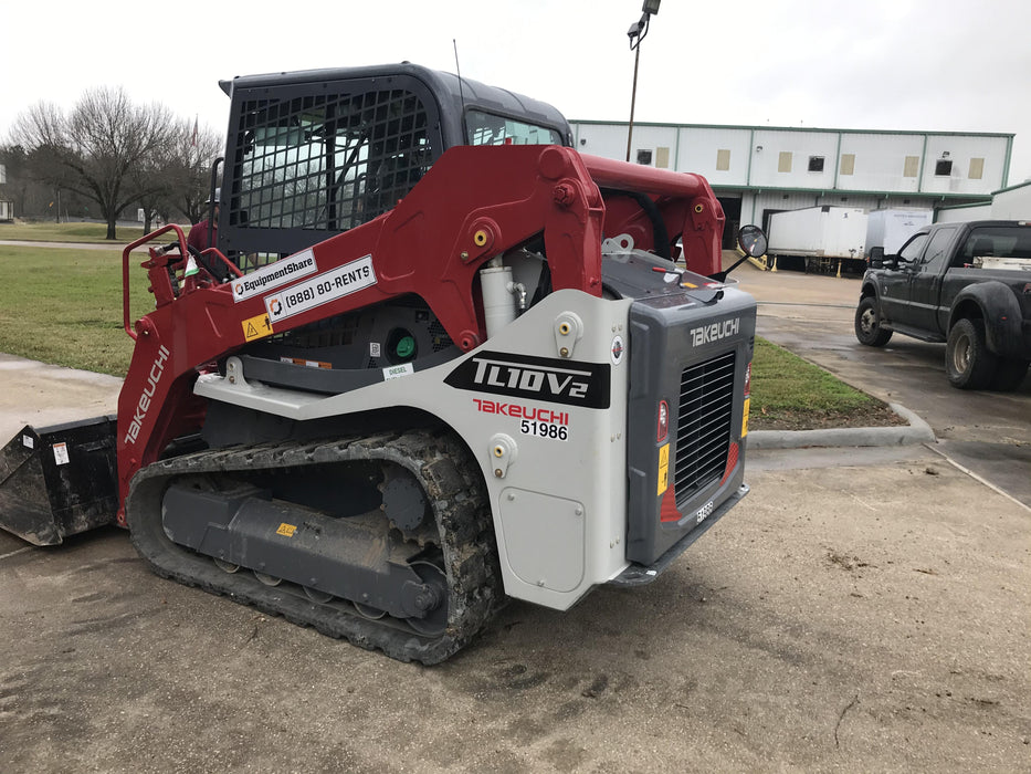 2019 Takeuchi TL10V2-CR Cab/Heat/AC, Rubber Tracks, Backup Alarm, Front & rear working Lights, Auxiliary Hydraulics, 2 Speed Travel, Engine Monitoring System, Hydraulic universal quick hitch w/76" HD smooth dirt bucket with bolt-on edge, 20.3 cubic feet capacity, 48" Pallet forks and frame