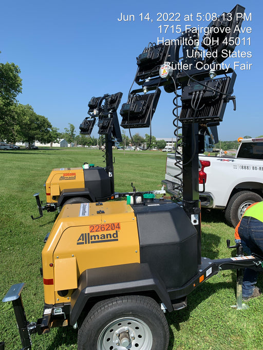 2022 Allmand NLV3GR (4) LED Light Fixture 350W, 23' Vertical Mast, 3kW Prime, Towable, Deep Sea L401, Leveling Jacks, Yanmar T4F 5.8hp