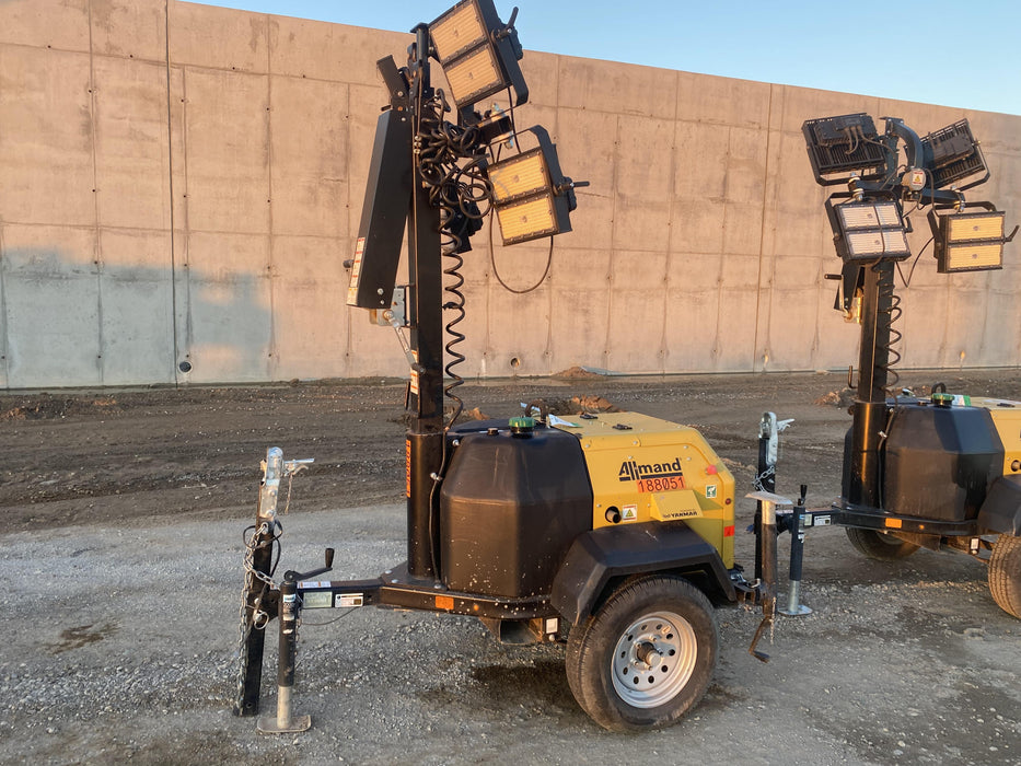 2022 Allmand NLV3GR (4) LED Light Fixture 350W, 23' Vertical Mast, 3kW Prime, Towable, Deep Sea L401, Leveling Jacks, Yanmar T4F 5.8hp