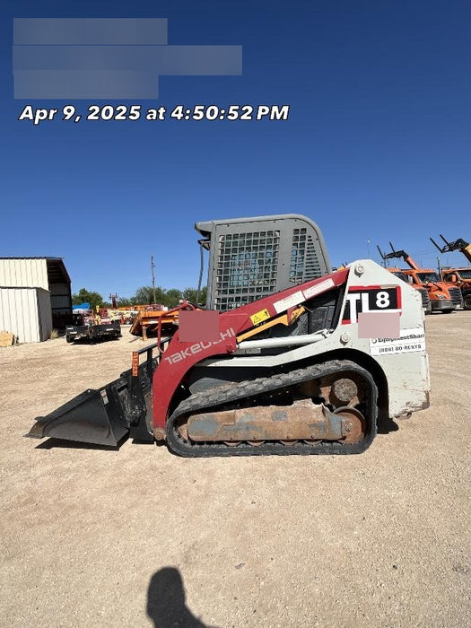 2019 Takeuchi TL8 Cab, Heat/AC, Defroster, 15" Wide Rubber Tracks, Back-up Alarm, Front & Rear Working Lights, Auxiliary Hydraulics, Two-Speed Travel, Electronic Monitoring System, Hydraulic Universal Quick Hitch 76" HD Dirt Bucket with 8 Teeth, 20.3 cubic feet Capacity