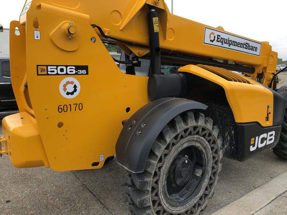 2020 JCB 506-36 Cab/Heat/Air, 74 HP, Solid Tires, STD Worklight, Beacon, Aux Hydraulics, Lifting Eye, Back up Alarm w/48" Carriage/48" Forks