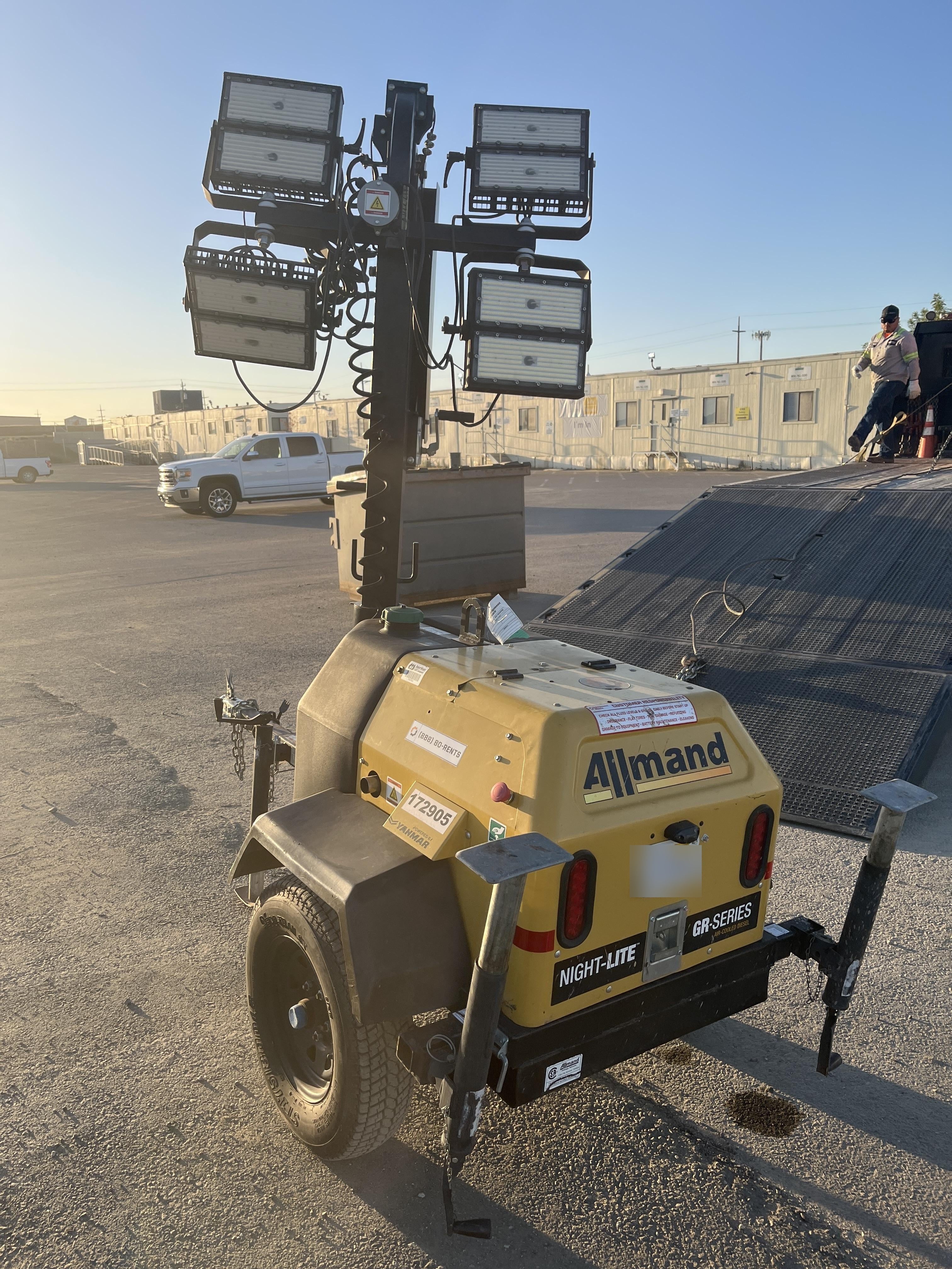 Allmand NLV3GR (4) LED Light Fixture 350W, 23' Vertical Mast, 3kW Prime, Towable, Deep Sea L401, Leveling Jacks, Yanmar T4F 5.8hp