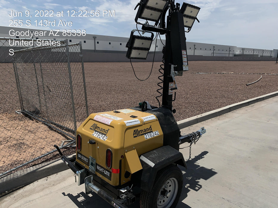 2022 Allmand NLV3GR (4) LED Light Fixture 350W, 23' Vertical Mast, 3kW Prime, Towable, Deep Sea L401, Leveling Jacks, Yanmar T4F 5.8hp