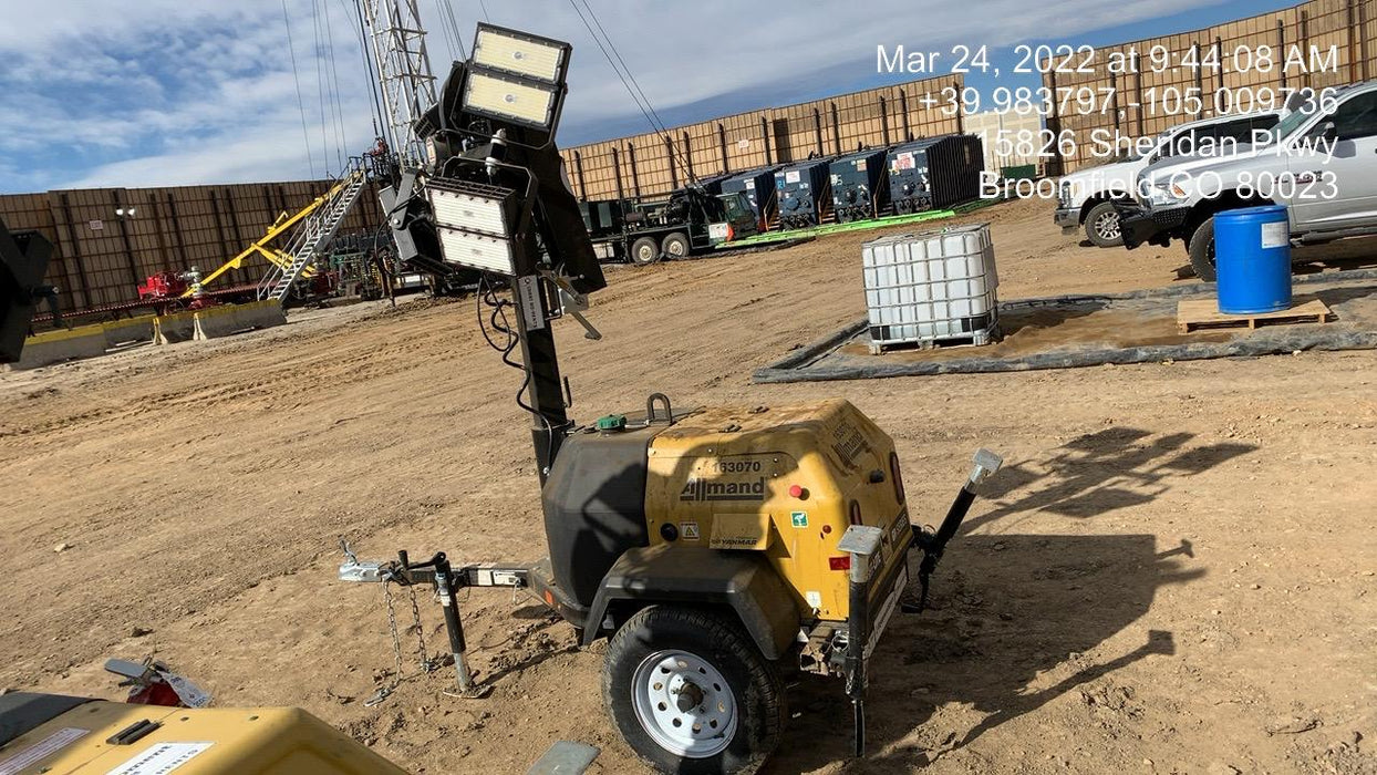 2021 Allmand NLV3GR (4) LED Light Fixture 350W, 23' Vertical Mast, 3kW Prime, Towable, Deep Sea L401, Leveling Jacks, Yanmar T4F 5.8hp