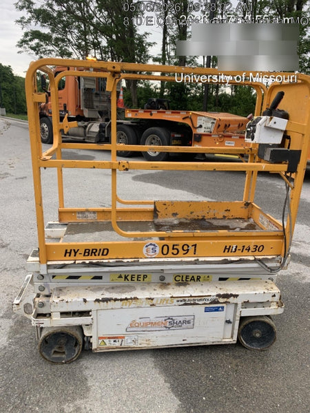 Custom Equipment HB-1430 Hy-Brid Scissor Lift
Platform capacity up to 670 lbs
Working height up to 20 ft
Weighs under 1,700 lbs
Non-marking wheels