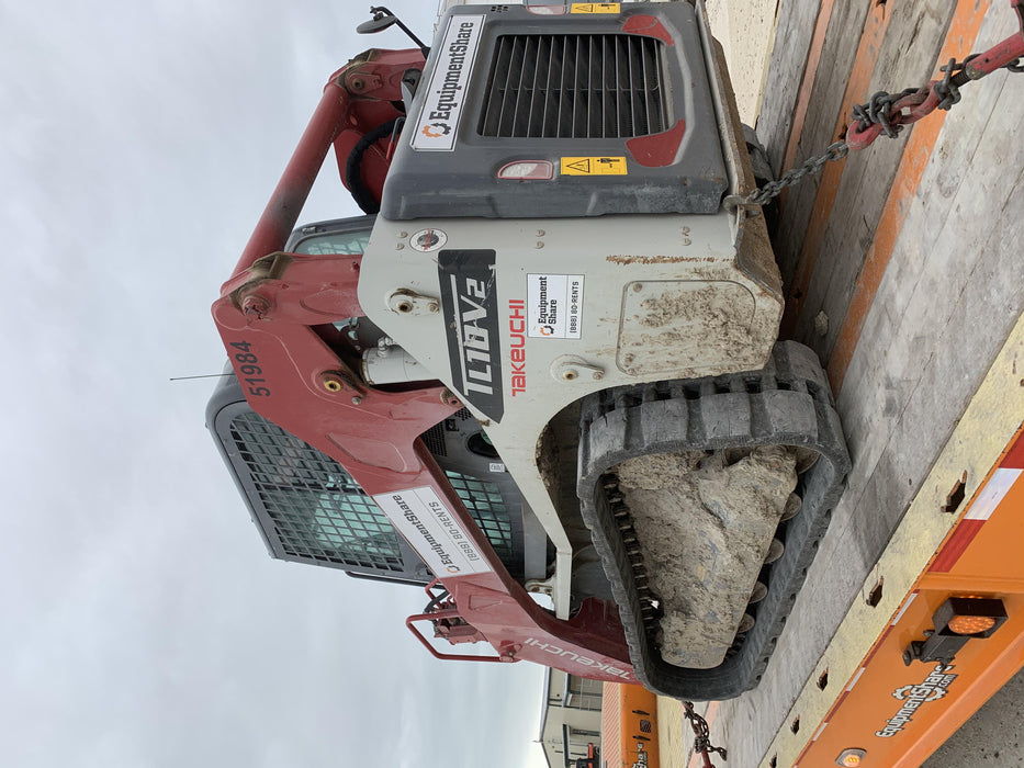 2019 Takeuchi TL10V2-CR Cab/Heat/AC, Rubber Tracks, Backup Alarm, Front & rear working Lights, Auxiliary Hydraulics, 2 Speed Travel, Engine Monitoring System, Hydraulic universal quick hitch w/76" HD smooth dirt bucket with bolt-on edge, 20.3 cubic feet capacity, 48" Pallet forks and frame