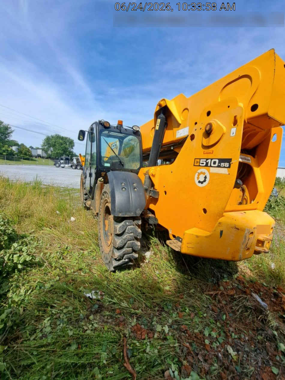 2020 JCB 510-56 Cab/Heat/Air, 74 HP, Solid Tires, STD Worklight, Beacon, Aux Hydraulics, Lifting Eye, Back up Alarm w/66" Carriage/60" Forks