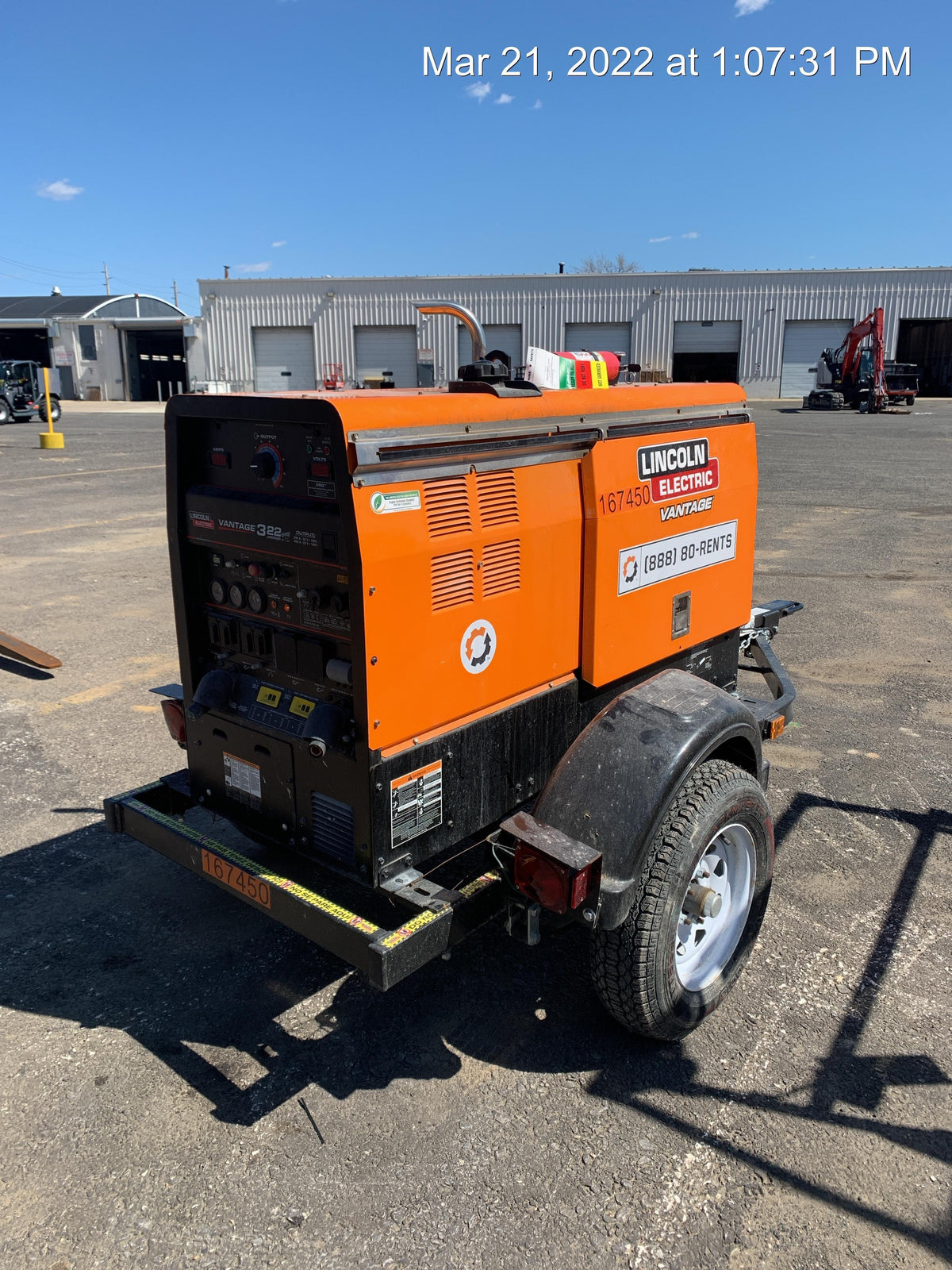 2021 Lincoln Electric Vantage 322 Vantage 322 Ready Pak 3 w/ Decals, ORANGE (includes trailer, cable rack, fender light kit) NO Telematics