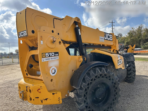 2019 JCB 510-56 Open ROPS, 74 HP, Solid Tires, Worklights, Beacon, Aux Hydraulics, Lifting Eye w/60" Carriage/60" Forks