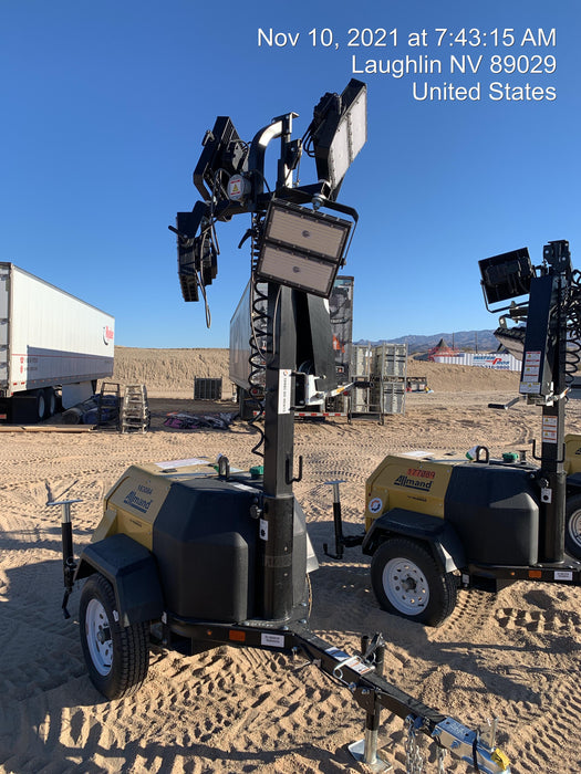 2021 Allmand NLV3GR (4) LED Light Fixture 350W, 23' Vertical Mast, 3kW Prime, Towable, Deep Sea L401, Leveling Jacks, Yanmar T4F 5.8hp