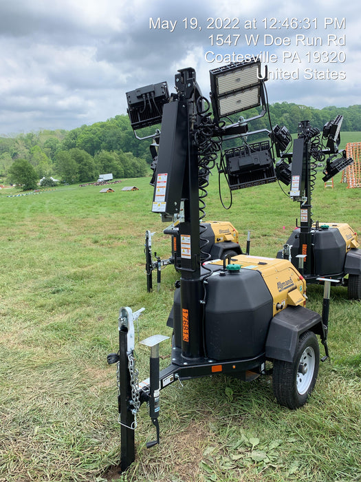 Allmand NLV3GR (4) LED Light Fixture 350W, 23' Vertical Mast, 3kW Prime, Towable, Deep Sea L401, Leveling Jacks, Yanmar T4F 5.8hp