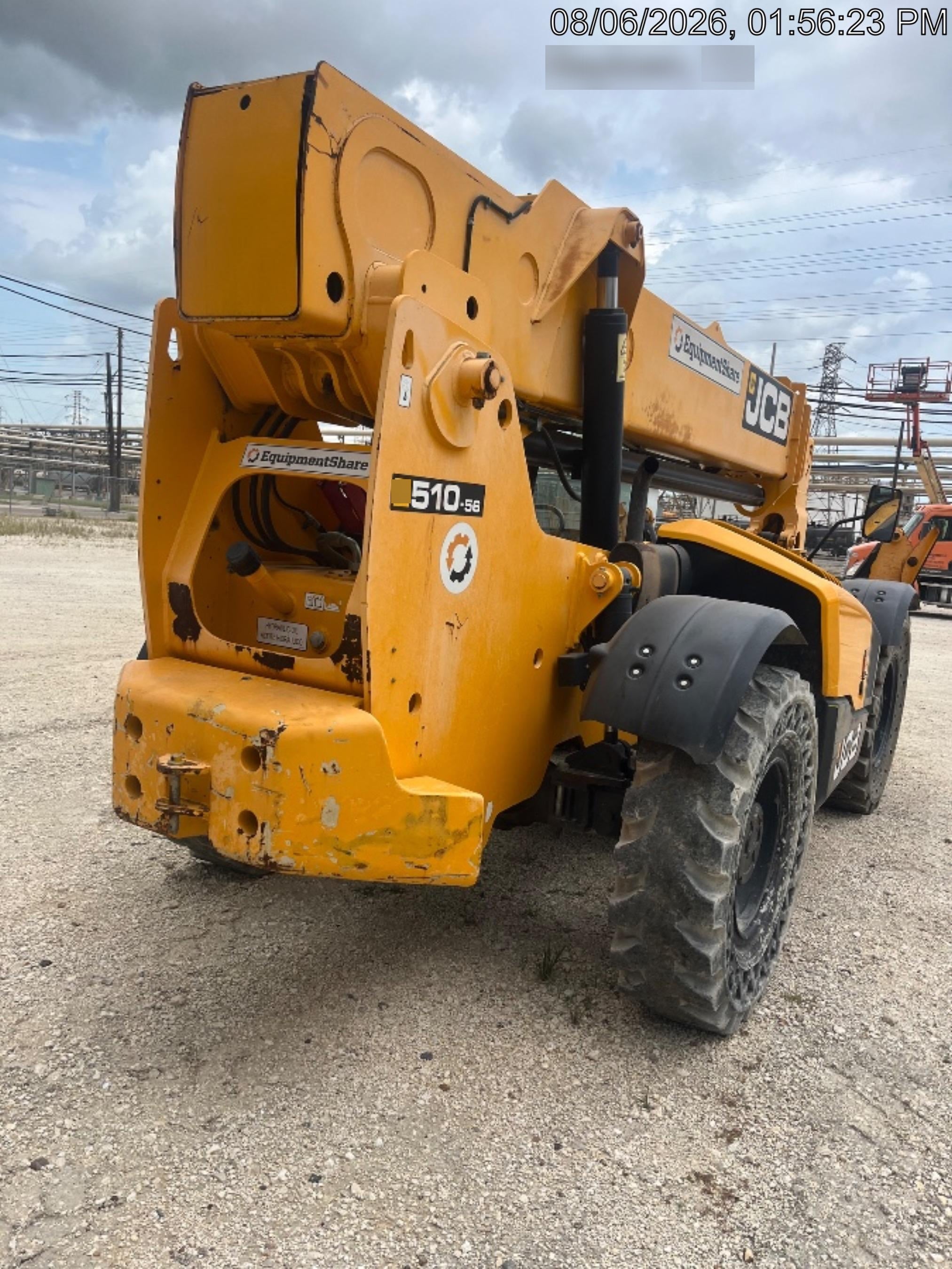 2019 JCB 510-56 Open ROPS, 74 HP, Solid Tires, Worklights, Beacon, Aux Hydraulics, Lifting Eye w/66" Carriage/60" Forks