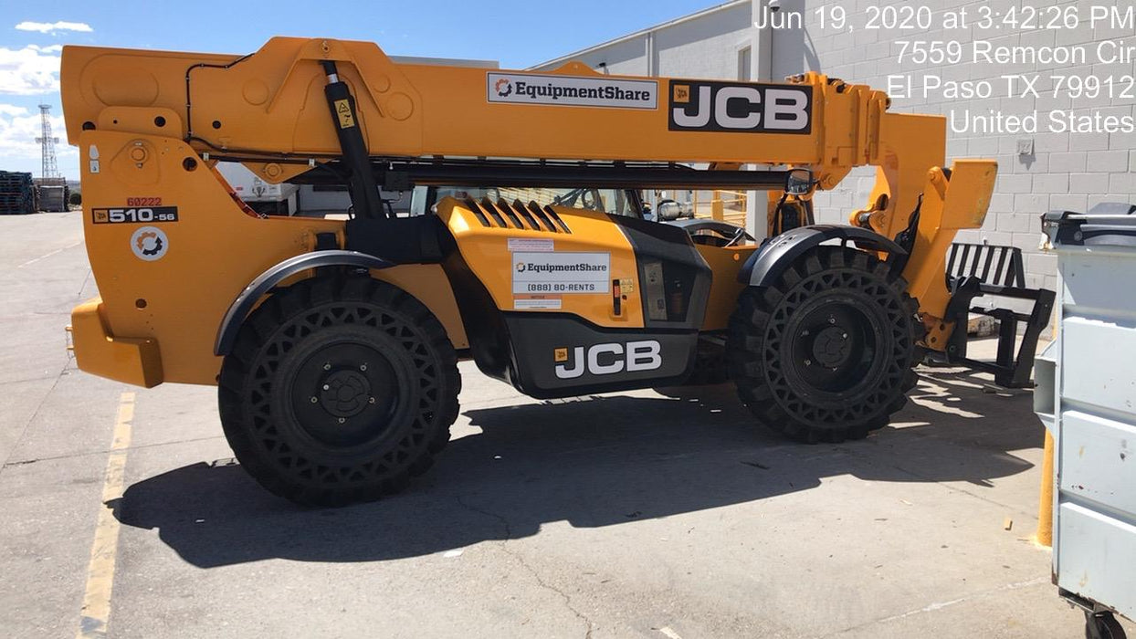 2020 JCB 510-56 Canopy, 74 HP, Solid Tires, STD Worklight, Beacon, Aux Hydraulics, Lifting Eye, Back up Alarm w/66" Carriage/60" Forks