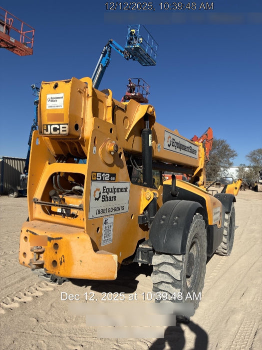 2019 JCB 512-56 Enclosed Cab, 109 HP, Solid Tires, Worklights, Beacon, Aux Hydraulics, Lifting Eye w/60" Carriage/60" Forks