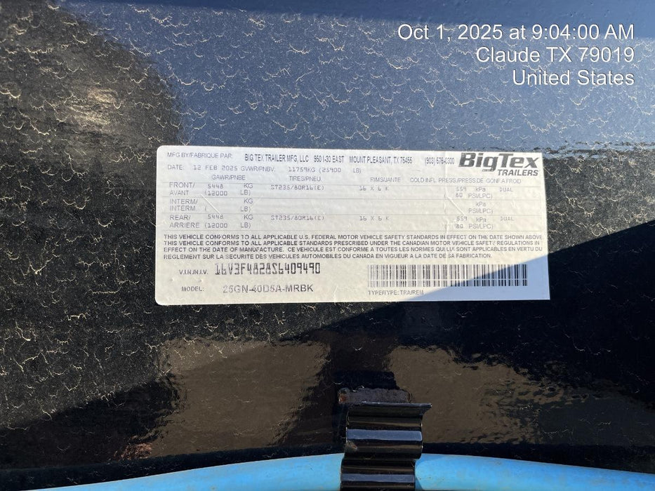 2025 BIG TEX TRAILER 25GN-40D5A-MRBK
