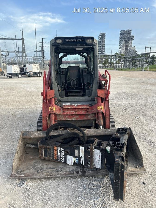 2019 Takeuchi TL10V2-CR Cab/Heat/AC, Rubber Tracks, Backup Alarm, Front & rear working Lights, Auxiliary Hydraulics, 2 Speed Travel, Engine Monitoring System, Hydraulic universal quick hitch w/76" HD smooth dirt bucket with bolt-on edge, 20.3 cubic feet capacity, 48" Pallet forks and frame