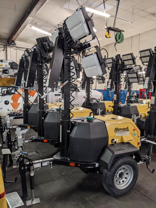 2021 Allmand NLV3GR (4) LED Light Fixture 350W, 23' Vertical Mast, 3kW Prime, Towable, Deep Sea L401, Leveling Jacks, Yanmar T4F 5.8hp