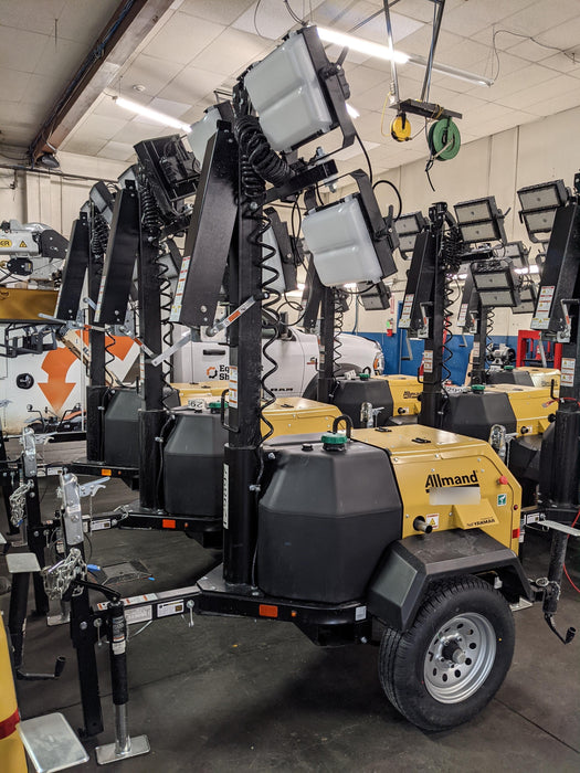 2021 Allmand NLV3GR (4) LED Light Fixture 350W, 23' Vertical Mast, 3kW Prime, Towable, Deep Sea L401, Leveling Jacks, Yanmar T4F 5.8hp