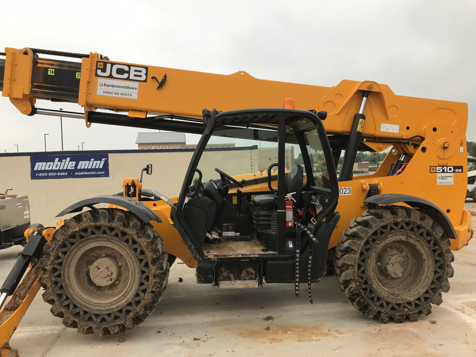 2019 JCB 510-56 Open ROPS, 74 HP, Solid Tires, Worklights, Beacon, Aux Hydraulics, Lifting Eye w/60" Carriage/60" Forks