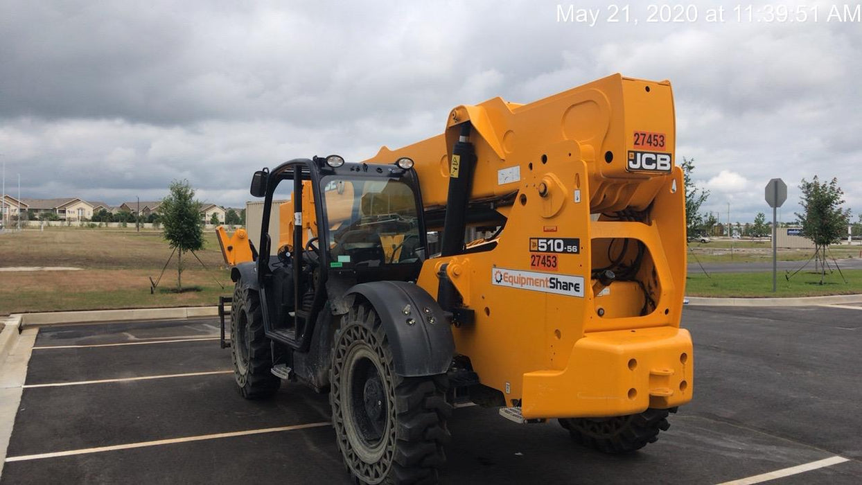 2019 JCB 510-56 Open ROPS, 74 HP, Solid Tires, Worklights, Beacon, Aux Hydraulics, Lifting Eye w/60" Carriage/60" Forks