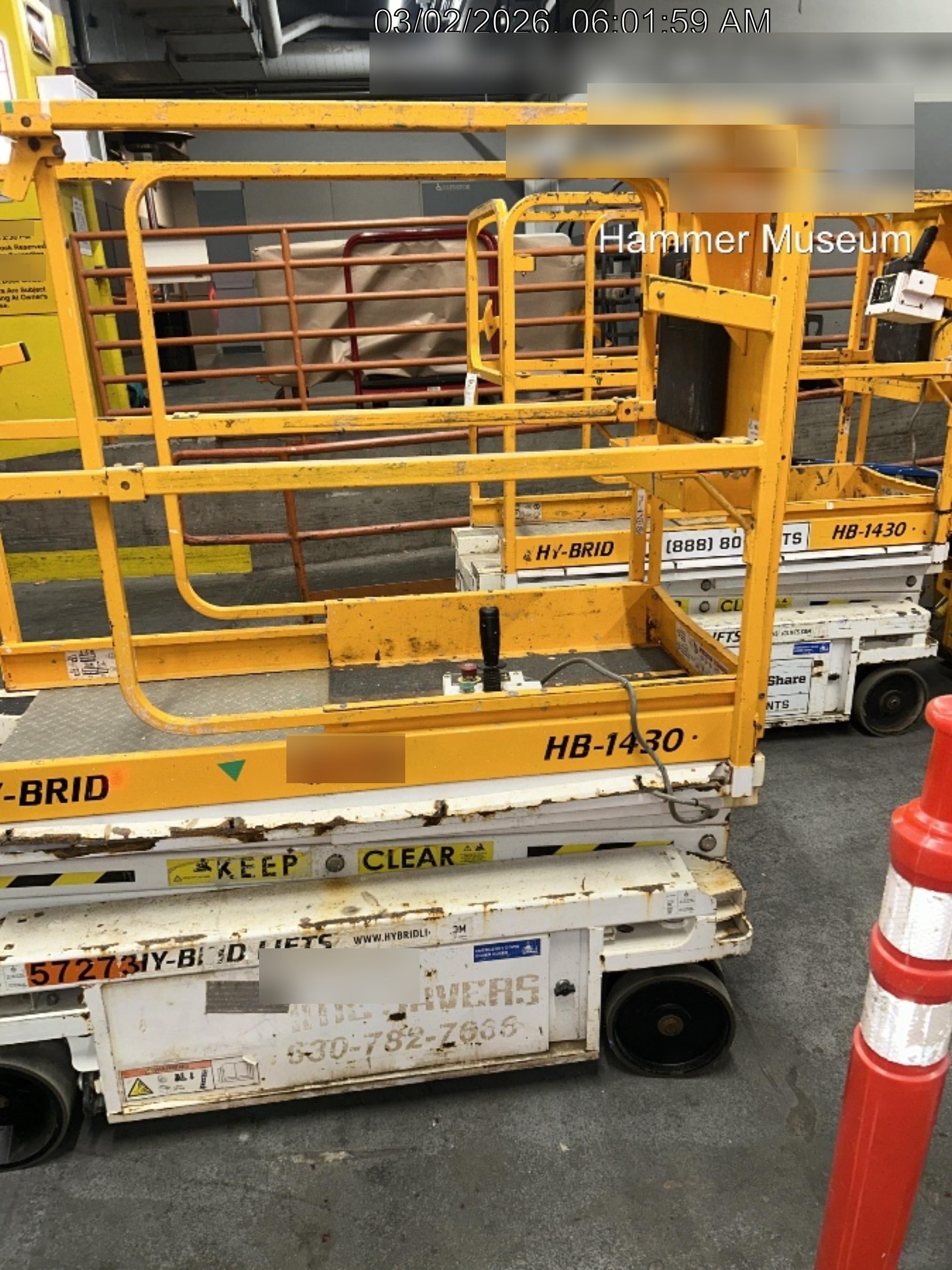 Custom Equipment HB-1430 <ul>
 <li>Hy-Brid Scissor Lift</li>
  <li>Platform capacity up to 670 lbs.</li>
  <li>Working height up to 20 ft</li>
  <li>Weighs under 1,700 lbs.</li>
  <li>Non-marking wheels </li>
</ul>