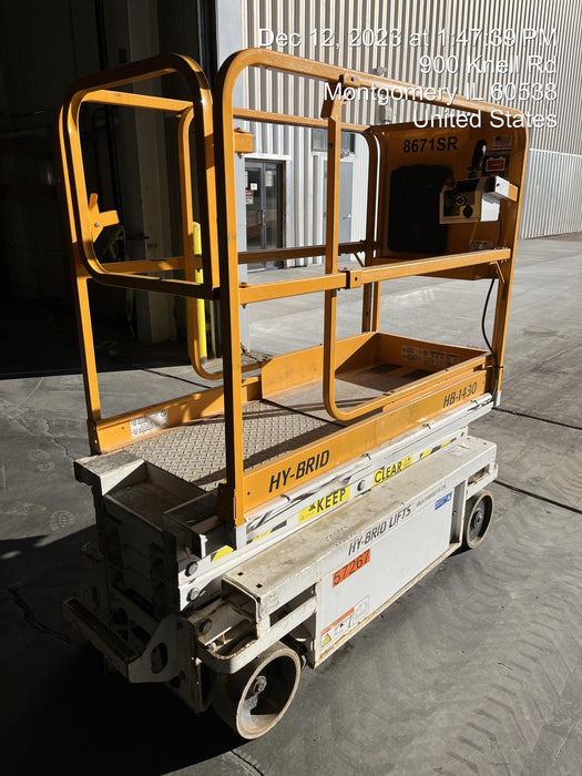 Custom Equipment HB-1430 <ul>
 <li>Hy-Brid Scissor Lift</li>
  <li>Platform capacity up to 670 lbs.</li>
  <li>Working height up to 20 ft</li>
  <li>Weighs under 1,700 lbs.</li>
  <li>Non-marking wheels </li>
</ul>