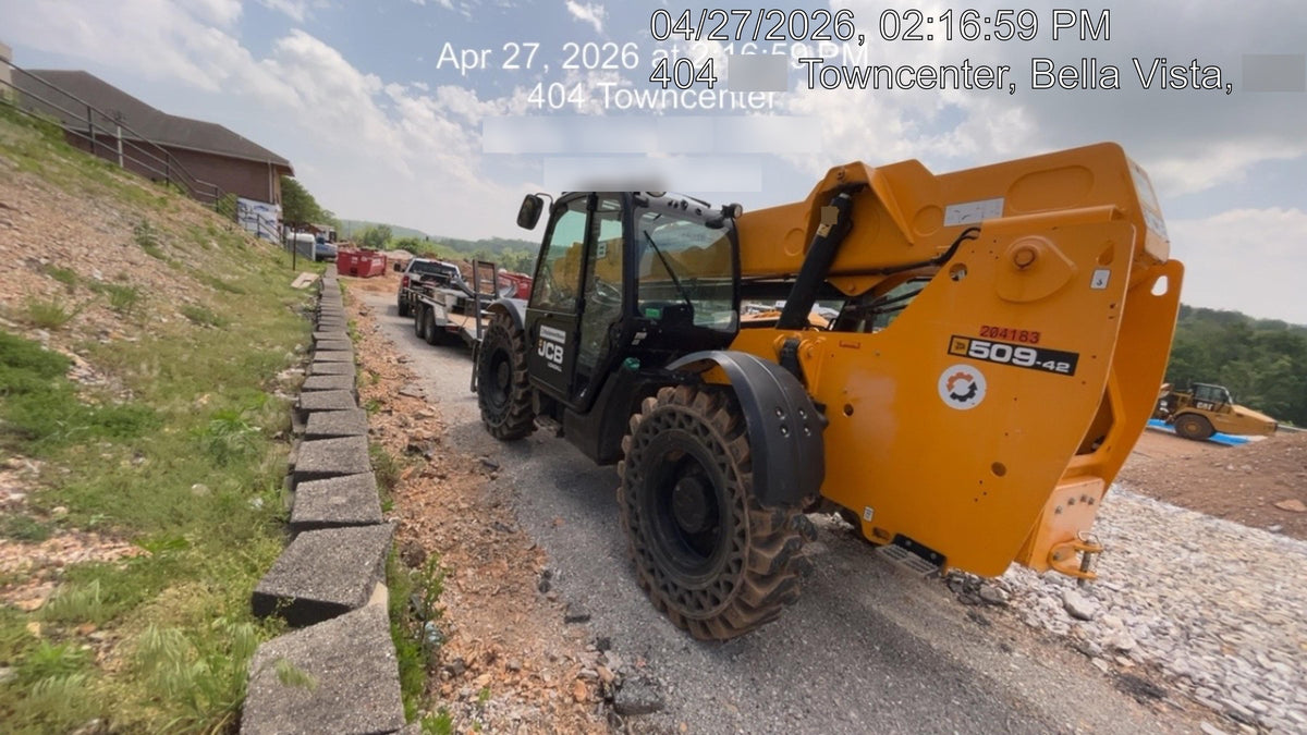 2019 JCB 509-42 74 HP w/Open ROPS, Beacon, Aux Hydraulics, LED Work lights, Solid Tires 66" Carriage/60" Forks