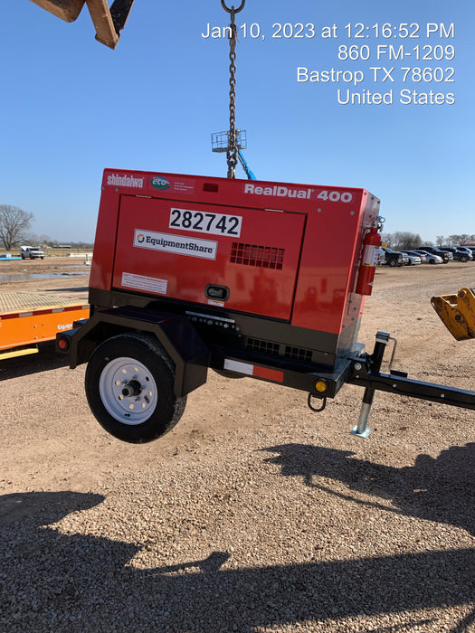 2022 Shindaiwa DGW400MDL Kubota D902 Engine, 23 HP, Dual Op Welder, Wire, Arc, Droop Stick, Tig, and CC Stick Functionality, Simulphase, 3 Phase and 1 Phase Gen Output, Single Axle NB Trlr, Slr Trckl Chrg 12V 12W, Fire Ext