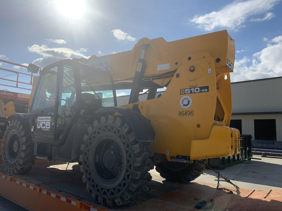 2019 JCB 510-56 Enclosed Cab, 74 HP, Solid Tires, Worklights, Beacon, Aux Hydraulics, Lifting Eye w/66" Carriage/60" Forks