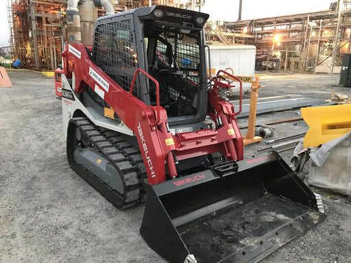 2019 Takeuchi TL10V2-CR Cab/Heat/AC, Rubber Tracks, Backup Alarm, Front & rear working Lights, Auxiliary Hydraulics, 2 Speed Travel, Engine Monitoring System, Hydraulic universal quick hitch w/76" HD smooth dirt bucket with bolt-on edge, 20.3 cubic feet capacity, 48" Pallet forks and frame