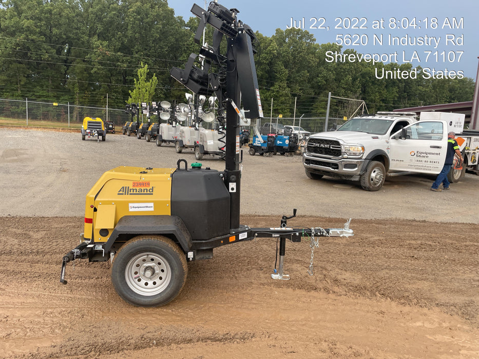 2022 Allmand NLV3GR (4) LED Light Fixture 350W, 23' Vertical Mast, 3kW Prime, Towable, Deep Sea L401, Leveling Jacks, Yanmar T4F 5.8hp