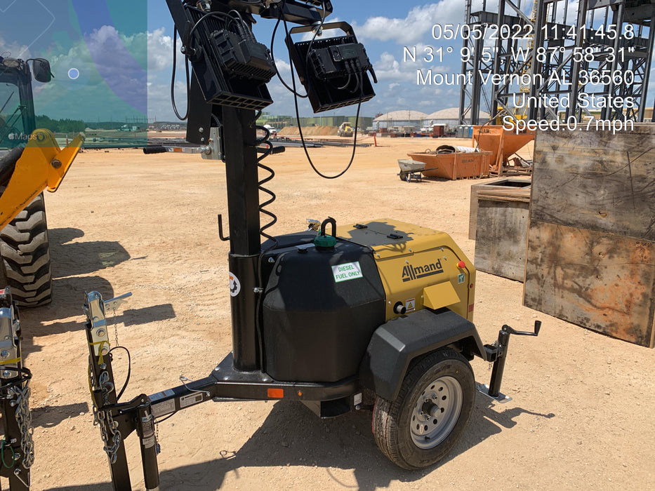 2022 Allmand NLV3GR (4) LED Light Fixture 350W, 23' Vertical Mast, 3kW Prime, Towable, Deep Sea L401, Leveling Jacks, Yanmar T4F 5.8hp