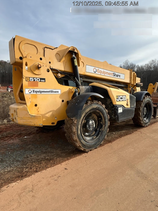 2019 JCB 510-56 Open ROPS, 74 HP, Solid Tires, Worklights, Beacon, Aux Hydraulics, Lifting Eye w/72" Carriage/60" Forks