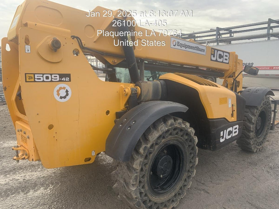2019 JCB 509-42 Cab/Heat/Air, 74 HP, Solid Tires, STD Worklight, Beacon, Aux Hydraulics, Lifting Eye, Back up Alarm w/66" Carriage/60" Forks
