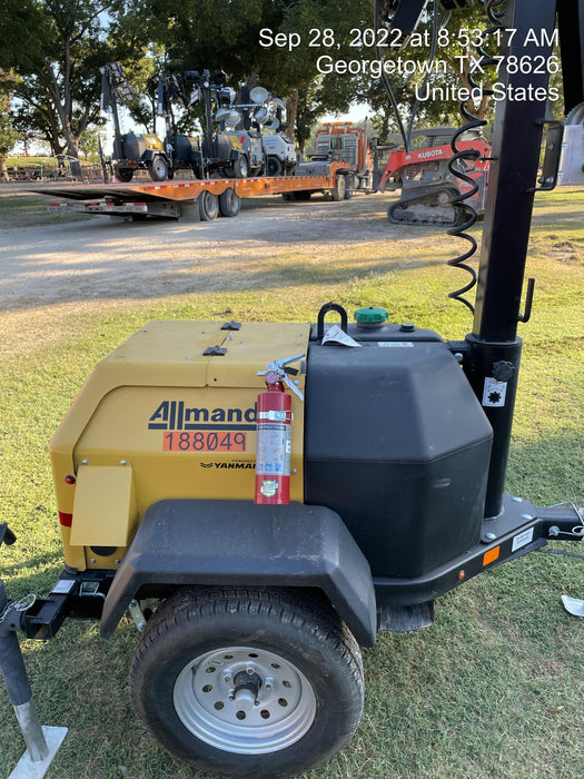 Allmand NLV3GR (4) LED Light Fixture 350W, 23' Vertical Mast, 3kW Prime, Towable, Deep Sea L401, Leveling Jacks, Yanmar T4F 5.8hp