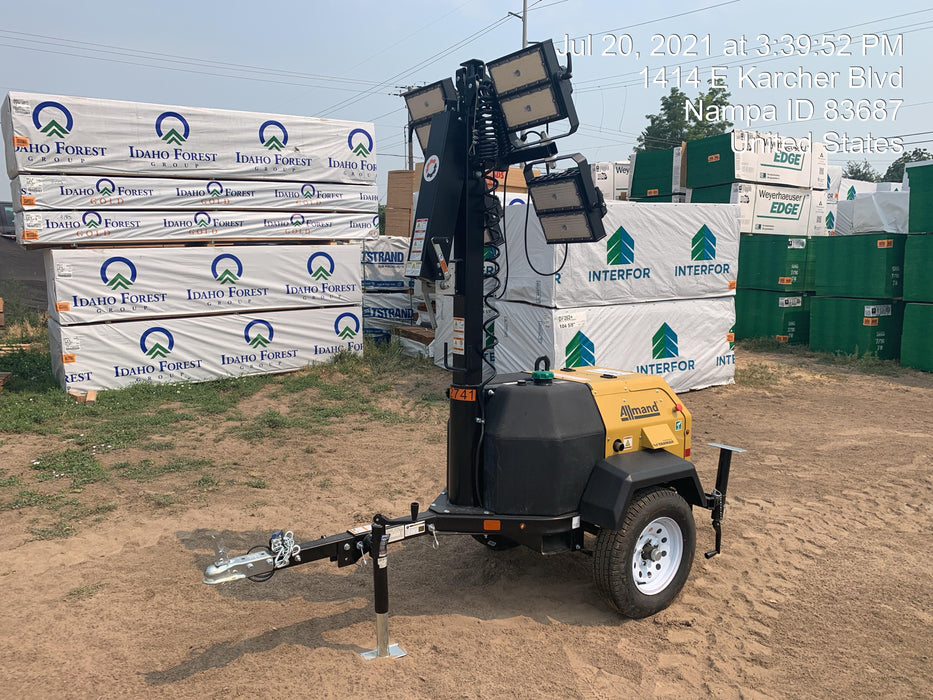 2021 Allmand NLV3GR (4) LED Light Fixture 350W, 23' Vertical Mast, 3kW Prime, Towable, Deep Sea L401, Leveling Jacks, Yanmar T4F 5.8hp