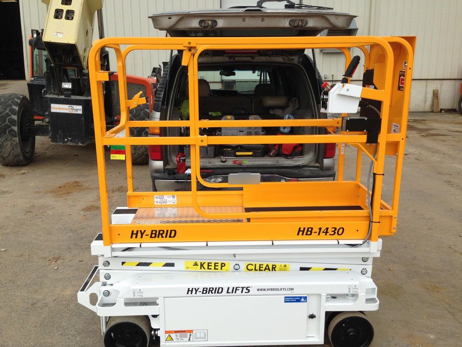 Custom Equipment HB-1430 Hy-Brid Scissor Lift
Platform capacity up to 670 lbs
Working height up to 20 ft
Weighs under 1,700 lbs
Non-marking wheels