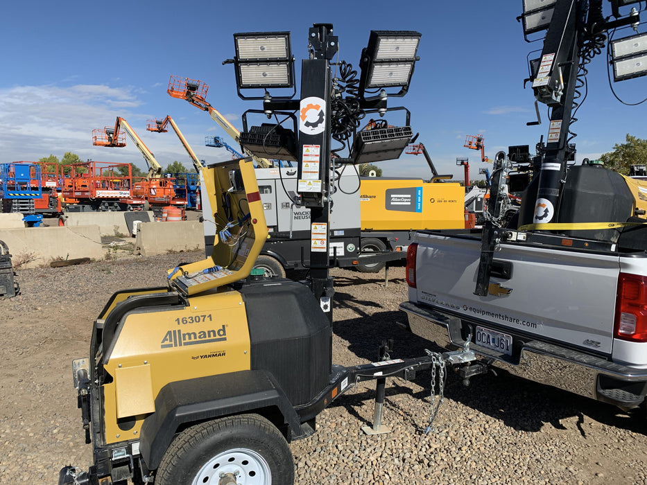 2021 Allmand NLV3GR (4) LED Light Fixture 350W, 23' Vertical Mast, 3kW Prime, Towable, Deep Sea L401, Leveling Jacks, Yanmar T4F 5.8hp