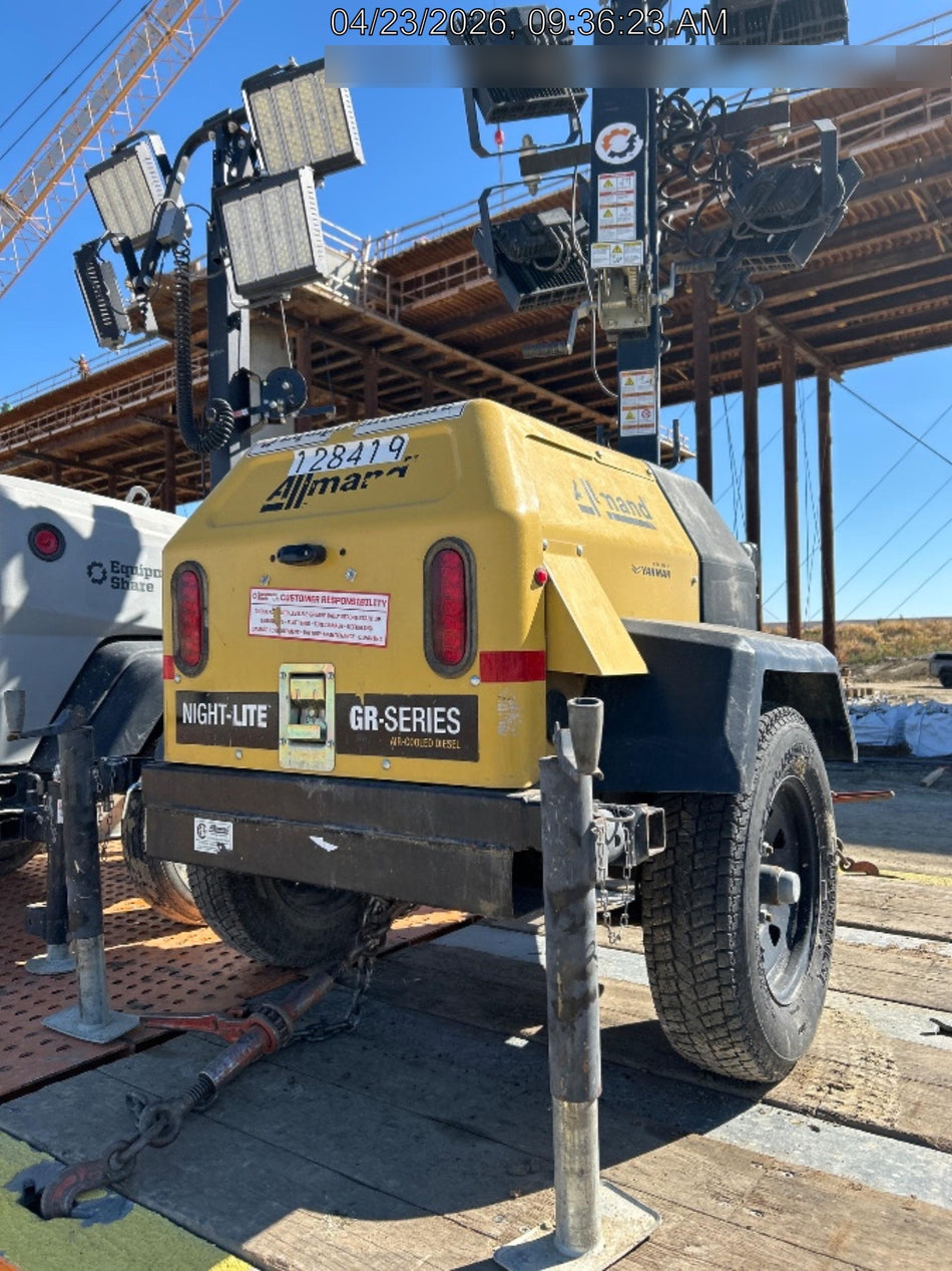 2021 Allmand NLV3GR (4) LED Light Fixture 350W, 23' Vertical Mast, 3kW Prime, Towable, Deep Sea L401, Leveling Jacks, Yanmar T4F 5.8hp