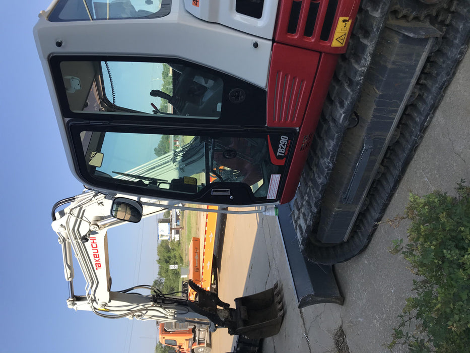 2019 Takeuchi TB290 Cab, AC, Rubber Tracks, Dozer Blade, Travel Alarm, Control Pattern Change Valve, Auxiliary Hydraulics w/18" Quick Coupler Bucket with teeth, 6.2 cu. ft. capacity/24" Quick Coupler Bucket with teeth, 8.6 cu. ft. capacity/36" Quick Coupler Bucket with teeth, 13.4 cu. ft. capacity, Quick Coupler, Hydraulic Thumb Installed