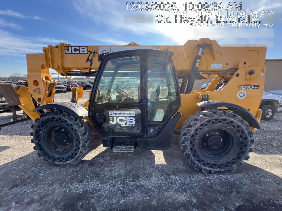 2019 JCB 510-56 Enclosed Cab, 74 HP, Solid Tires, Worklights, Beacon, Aux Hydraulics, Lifting Eye w/66" Carriage/60" Forks