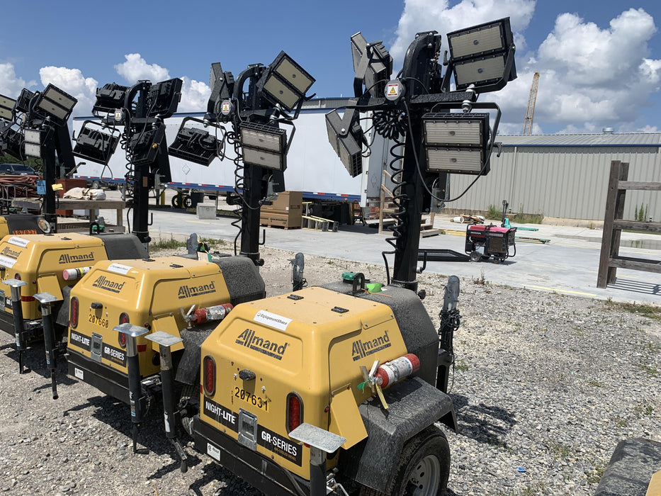 2022 Allmand NLV3GR (4) LED Light Fixture 350W, 23' Vertical Mast, 3kW Prime, Towable, Deep Sea L401, Leveling Jacks, Yanmar T4F 5.8hp